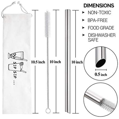  [Angled Tips] 2 Pcs Jumbo Reusable Boba Straws & Smoothie Straws, 0.5" Wide Stainless Steel Straws, Metal Straws For Bubble Tea/Tapioca Pearl, Milkshakes,Smoothies | 1 Cleaning Brush & 1 Case