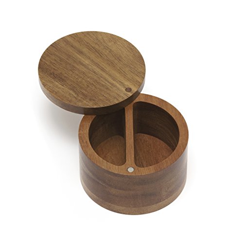  Acacia Wood Divided Spice Box With Swivel Cover, 4" Diameter X 2.5" Height