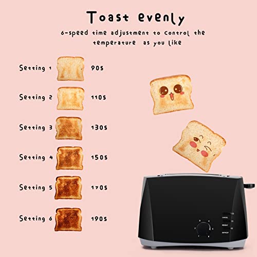  Toaster 2 Slice, Compact Electric Bread Toaster With 6 Toast Setting Defrost, Reheat, Cancel Functions, Auto Shutoff Removable Crumb Tray, Black Toaster (black)