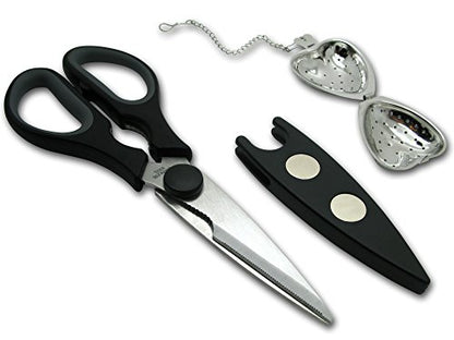  Kitchen Scissors With Magnetic Holder & Tea Infuser - Ultra Sharp Strong Durable - 100% Rust Proof - Soft Grip