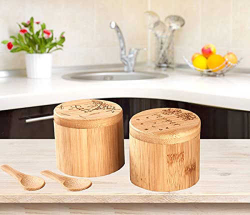  Salt Cellar, Bamboo Salt Box, Salt Container With Spoon, Salt Holder With Lid, Salt Shaker, Cumin And Pepper Bowl With Magnetic Swivel Lid (1 Box With Engraved Salt)… (2 PCS)