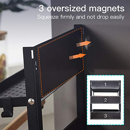  XIAPIA Magnetic Fridge Organizer Spice Rack With Paper Towel Holder And 5 Extra Hooks | 3 Tier Magnet Refrigerator Shelf In Kitchen Holds Up To 45 LBS | 16x12x4 Inch Black