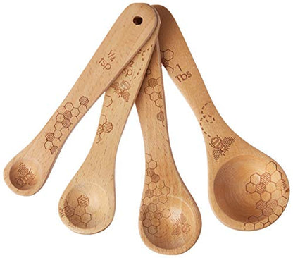  Laser Etched Beechwood Measuring Spoons | Set Of 4 | Honey Bee Design | Natural Wooden Measuring Spoons Set | Cute & Functional Kitchen Tools