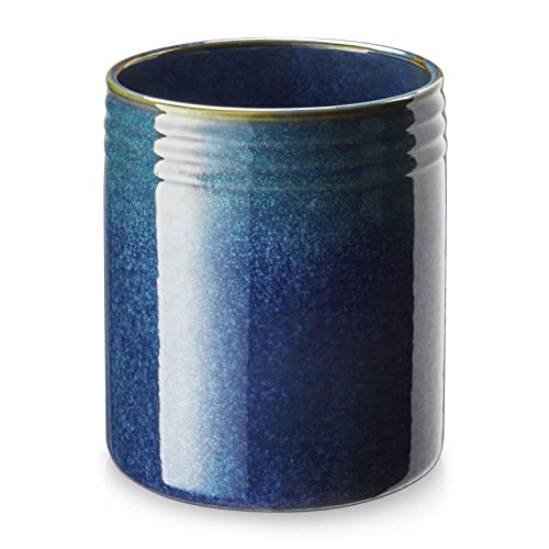  ZONESUM Kitchen Utensil Holder For Countertop, 7.2" Large Ceramic Utensil Crock With Table-Protection Cork Mat, Cooking Utensil Holder For Kitchen Decor, Starry Blue
