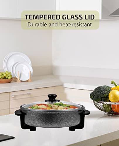  12-Inch Nonstick Electric Skillet - Aluminum Coated Grill Pan & Glass Lid Cover