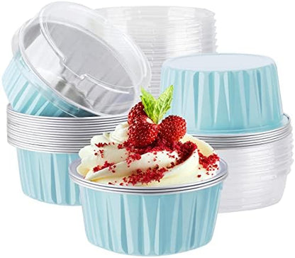  Disposable Ramekins, Gold 50pcs 5oz Mini Aluminium Foil Baking Cups With Lids Creme Brulee Cupcake Liners, Desert Cheesecake Pans Flan Molds Tin Cups Containers For Party Favor Birthday