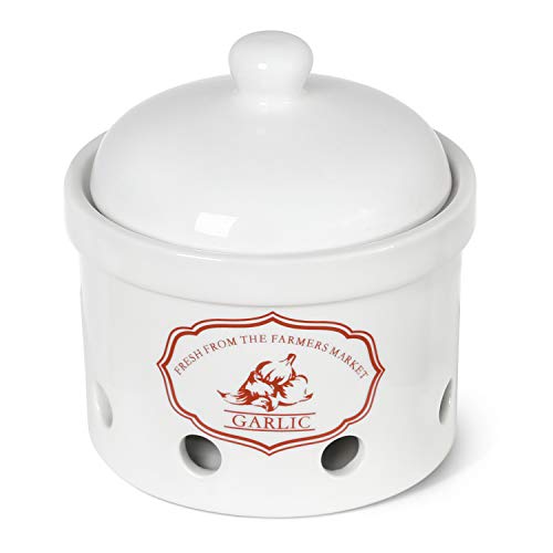  Garlic Keeper, 5 Inch Vented Ceramic Storage Container Holder, Reserve For Garlic, Onion, Lemon, Patato, Ginger Or Shallots, 1 Pack, White