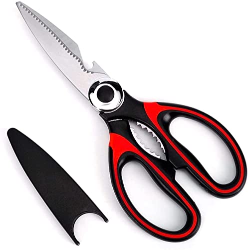  All Purpose Kitchen Shears With Protective Sheath (Red) - Sharp Professional Heavy Duty Multi-function Kitchen Scissors For Household Necessity - Chicken/Poultry/Fish/Meat/Vegetables