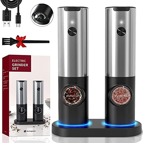  Electric Salt And Pepper Grinder Set W/USB Rechargeable Base, No Battery Needed, One Handed Operation, Automatic Powered Spice Mill Shakers Refillable, Adjustable Coarseness, LED Light