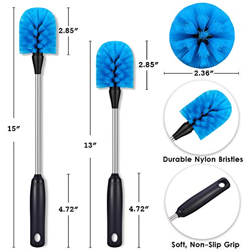  Tainless Steel Bottle Brush, 2 Pack Long Handle Water Bottle Scrubbing Brush, Built For Cleaning Sports Bottles, Baby Bottles, Cups, Mugs, Glasswares, Tumblers, Wine Decanters, Flask, 13 In - 15 In