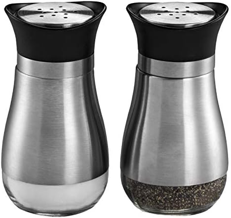  Salt And Pepper Shakers (2-Pc. Set) Modern Stainless-Steel W/Clear Glass Bottom | Compact Cooking, Kitchen And Dining Room Use | Classic, Refillable Design (Black)