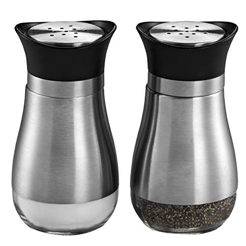  Salt And Pepper Shakers (2-Pc. Set) Modern Stainless-Steel W/Clear Glass Bottom | Compact Cooking, Kitchen And Dining Room Use | Classic, Refillable Design (Black)