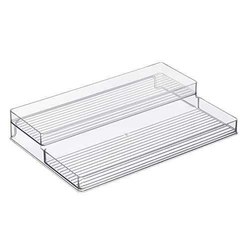  MDesign Plastic Kitchen Food Storage Organizer 2-Tiered Shelves, Spice Holder Rack Steps For Cabinet, Cupboard, Counter, Pantry - Holds Seasoning, Canned Food, Condiments - Ligne Collection - Clear