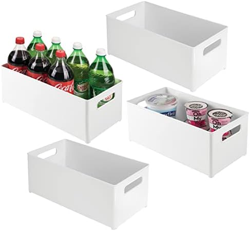  MDesign Plastic Stackable Kitchen Organizer - Storage Bin With Handles For Refrigerator, Freezer, Cabinet, And Pantry Shelves Organization - Food Container - Ligne Collection - 4 Pack - White