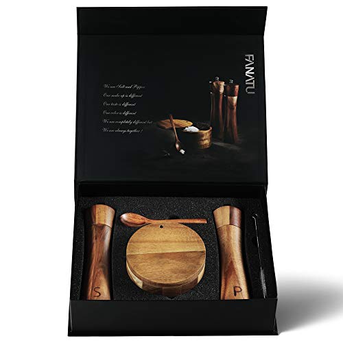  Wood Salt And Pepper Grinder Set - Premium Set Includes 8 Inch Salt And Pepper Mill, Salt And Pepper Box With Swivel Lid, Spoon & Cleaner Tool - Perfect Salt And Pepper Shakers Gift (8 Inch)