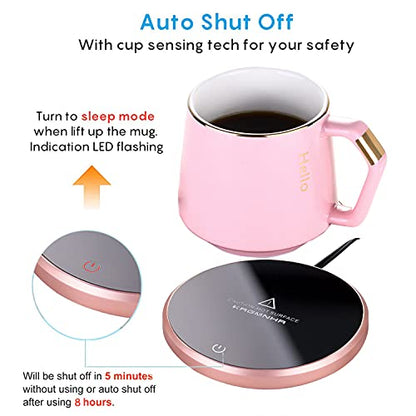  Coffee Mug Warmer & Mug Set, KRGMNHR Smart Coffee Warmer For Desk With Auto Shut Off, Infrared Sensor Technology For Double Safety, Ideal For Gift, Coffee, Tea, Hot Cocoa, Rose Gold Set