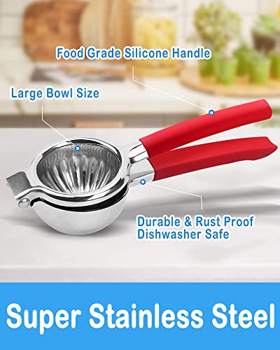  Extra Large Lemon Squeezer Stainless Steel - Premium Heavy Duty Lemon Juicer Hand With Food Grade Silicone Handle, Ergonomic Manual Citrus Juicer With Solid Metal Squeezer Bowl (Red)