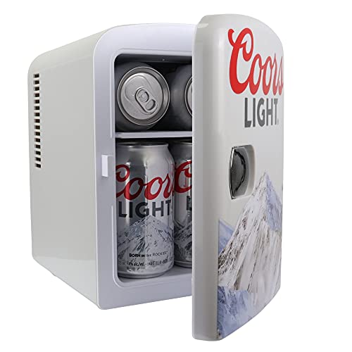  Coors Light 4L Portable Mini Fridge With 12V DC And 110V AC Cords, 6 Can Personal Cooler For Beer, Snacks, Lunch, Drinks, Desk Accessory For Home, Office, Bar, Dorm, Travel, Gray
