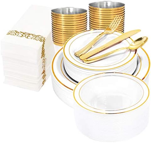  50 Guest Gold Plastic Plates With Disposable Cutlery& Gold Plastic Cups-Square Plastic Plates-Gold Plastic Utensils Set And Napkins For Wedding& Parties