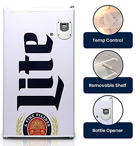  Miller Lite Compact Fridge W/ Bottle Opener, 3.2 Cu Ft (90L), White, Space-Saving Flat Back Design, Reversible Door, Tempered Glass Shelves, Licensed Miller Lite Artwork, Perfect For Beer-Lovers