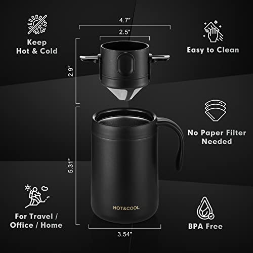  16oz Camping Coffee Maker Pour Over Coffee Maker Set With Stainless Steel Coffee Mug + Collapsible Pour Over Coffee Filter - For Travel Camping Offices Backpacking