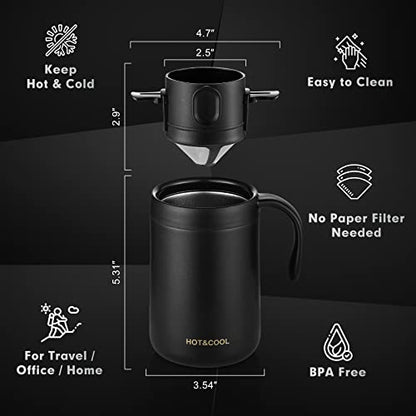  16oz Camping Coffee Maker Pour Over Coffee Maker Set With Stainless Steel Coffee Mug + Collapsible Pour Over Coffee Filter - For Travel Camping Offices Backpacking