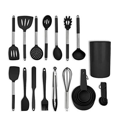  24-Piece Black Stainless Steel & Silicone Cooking Utensil Set, Heat-Resistant Cooking Utensils, Non-Scratching Kitchen Cooking Utensils, Includes A Bonus Recipe E-Book