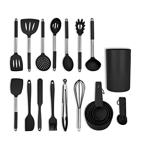  24-Piece Black Stainless Steel & Silicone Cooking Utensil Set, Heat-Resistant Cooking Utensils, Non-Scratching Kitchen Cooking Utensils, Includes A Bonus Recipe E-Book