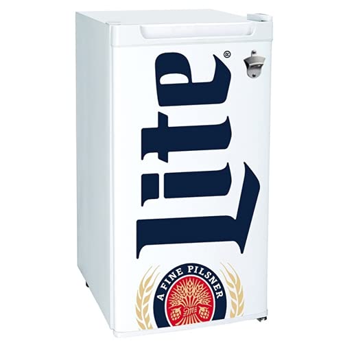  Miller Lite Compact Fridge W/ Bottle Opener, 3.2 Cu Ft (90L), White, Space-Saving Flat Back Design, Reversible Door, Tempered Glass Shelves, Licensed Miller Lite Artwork, Perfect For Beer-Lovers