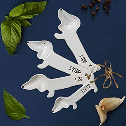  White Ceramic Dog Themed Kitchen Utensils: Measuring Cups And Spoons, Spoon Rest For Countertop - Cute Kitchen Accessories (Dog Measuring Spoons)