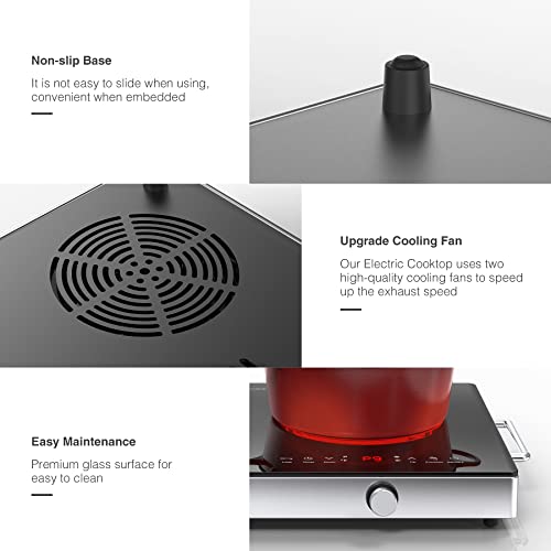  Electric Cooktop,120V 2400W Electric Stove Top With Knob Control,9 Power Levels, Kids Lock & Timer, Hot Surface Indicator, Overheat Protection,12 Inch Built-in Radiant Double Induction Cooktop
