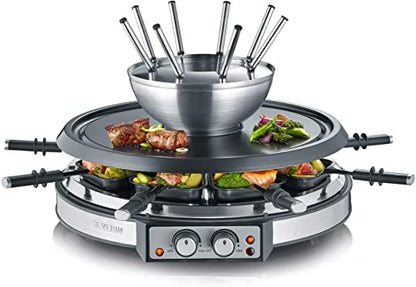  Alkey Severin RG 2348 Raclette-Fondue Kombination (ca. 1900 W, XXL-Zuleitung, INKL. Fondue-Topf Aus Edelstahl Und 8 Pfännchen)