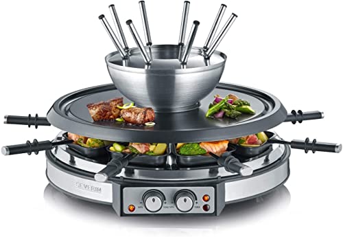  Alkey Severin RG 2348 Raclette-Fondue Kombination (ca. 1900 W, XXL-Zuleitung, INKL. Fondue-Topf Aus Edelstahl Und 8 Pfännchen)