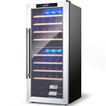  20“ Dual Zone Wine Fridge Refrigerator Cooler, 43 Bottles Freestand Wine & Beverage Center, Wine Cellar W/ 8 Beech Wood Shelves, Glass Door, LED Light, Bar Fridge For Home, Bar