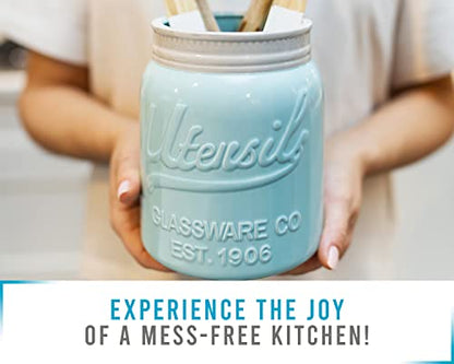  Wide Mouth Mason Jar Utensil Holder Decorative Kitchenware Organizer Crock, Chip Resistant Ceramic, Dishwasher Safe - Kitchen Caddy Aqua Blue For Countertop, Large Size 7" High