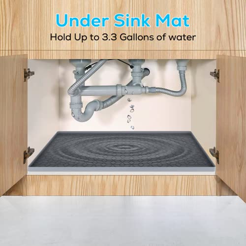  Under Sink Mat For Kitchen, 34"x22" Silicone Waterproof Under Sink Shelf Liner, Flexible Sink Cabinet Organizer Tray, Hold Up To 3.3 Gallons Liquid, Sink Protector Tray With Drain Hole Easy To Clean