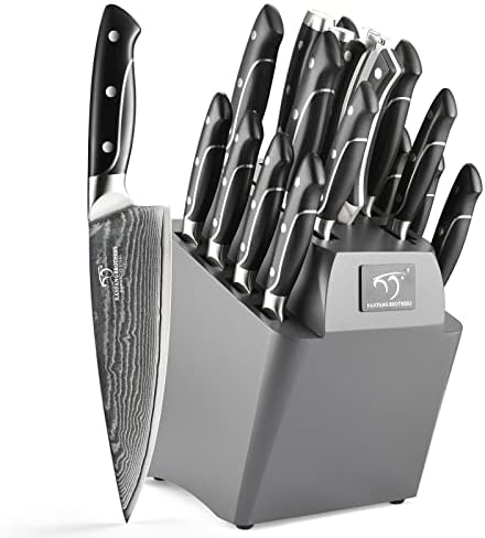  Damascus Kitchen Knife Set, XingRui Series 9 Pieces Damascus Knife Set With Block, Non-slip ABS Ergonomic Triple Rivet Handle For Chef Knives, Knife Sharpener And Kitchen Shears, Natural Wooden (Grey)