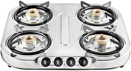  Sunflame 4 Burner Gas Stove With 2 Year Warranty, Stainless Steel Body, Manual Ignition, 4 Brass Burners (GT 4B OPTRA) Silver