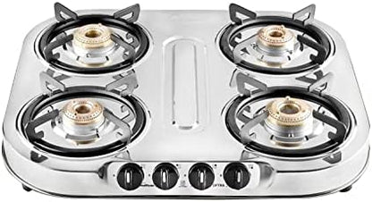  Sunflame 4 Burner Gas Stove With 2 Year Warranty, Stainless Steel Body, Manual Ignition, 4 Brass Burners (GT 4B OPTRA) Silver
