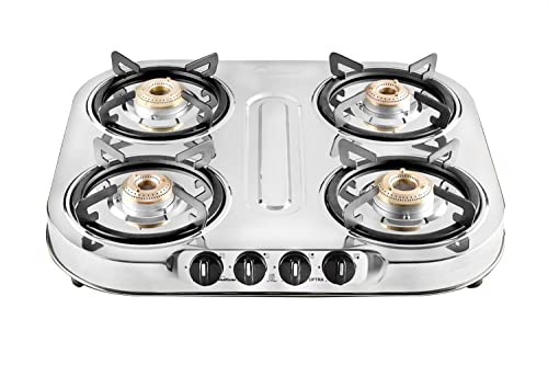  Sunflame 4 Burner Gas Stove With 2 Year Warranty, Stainless Steel Body, Manual Ignition, 4 Brass Burners (GT 4B OPTRA) Silver