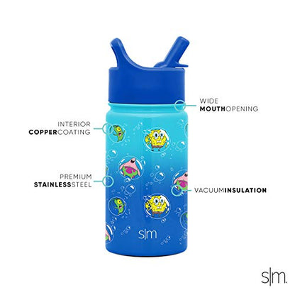  Kids Water Bottle With Straw Lid | Insulated Stainless Steel Reusable Tumbler For Toddlers, Girls, Boys | Summit Collection | 10oz, SpongeBob Bubbles
