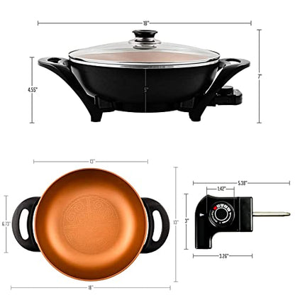  13" Nonstick Electric Skillet - For Fry Bake Steam Simmer (5Qt, Copper)