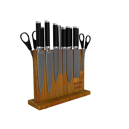  Fe Block Magnetic Knife Holder With 18 Powerful Magnetic Boards, 100% Pure Bamboo Large Capacity Knife Organizer Block, Double Side Strongly Magnetic Kitchen Utensil Display (Stand)