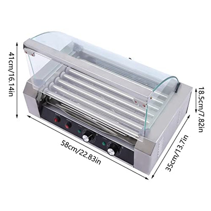  110V Commercial Hot Dog Machine, Stainless Steel Electric 18 Hot Dog 7 Roller Cooker Machine With Detachable Glass Cover, 360° Even Rotation Hot Dog Maker