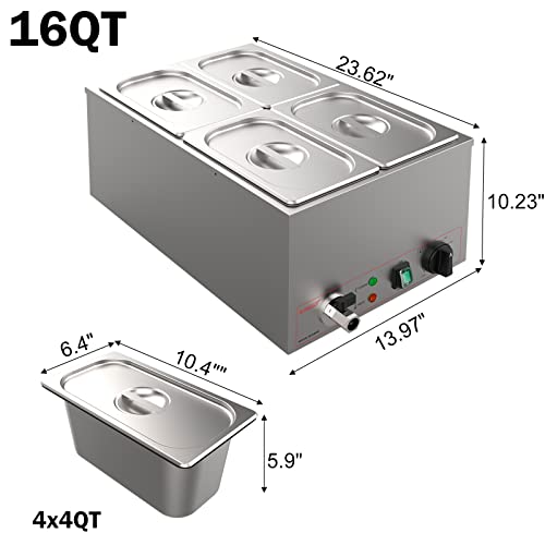  Commercial Stainless Steel 4 Sections Bain Marie Food Warmer 16 Qt Buffet Server With Lid And Tap For Home, Catering, Restaurants