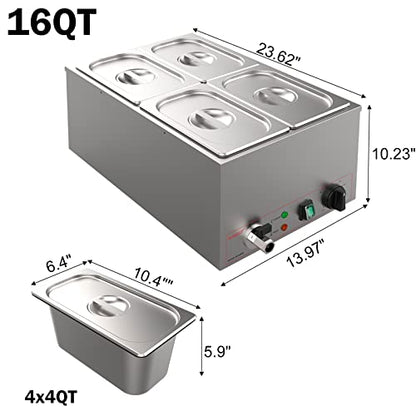  Commercial Stainless Steel 4 Sections Bain Marie Food Warmer 16 Qt Buffet Server With Lid And Tap For Home, Catering, Restaurants