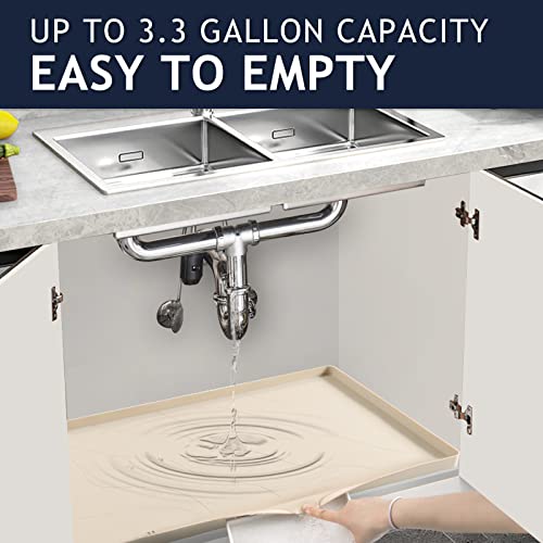  Premium Under Sink Mats For Kitchen Waterproof 34" X 22", Extra Thick Non-Slip Silicone Under Sink Liner Drip Tray, Raised Edge Under Sink Cabinet Mat,Prevent Drips, Leaks, Spills,Beige