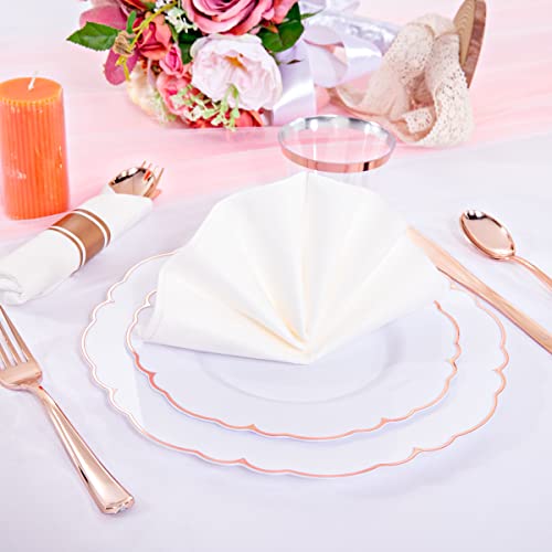  175PCS Rose Gold Plastic Plates - Baroque Rose Gold Disposable Plates Including 50 Rose Gold Party Plates, 25 Pack Rose Gold Pre Rolled Napkins And 25 Cups For Wedding & Party