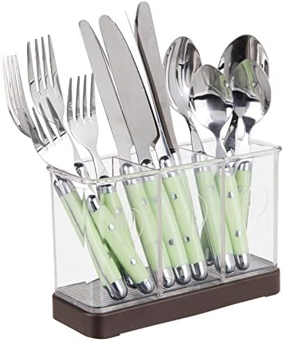  Plastic Cutlery Storage Organizer Caddy Bin For Kitchen Table, Cabinet Or Pantry - Holds Forks, Knives, Spoons, Serving Utensils - Indoor Or Outdoor Use, 3 Sections - Clear/Chrome