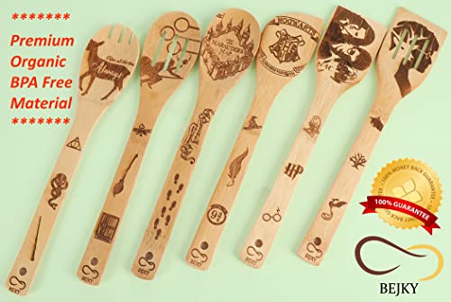 GENERIC Bejky 6-Pcs Wooden Bamboo Spoons Set - Organic Food Cooking Utensils Kitchen Accessories & Home Decor Cookware Gifts For Women Easy Wash Spatulas 3D Engraved Patterns (Magical Wizard Style), 12-''